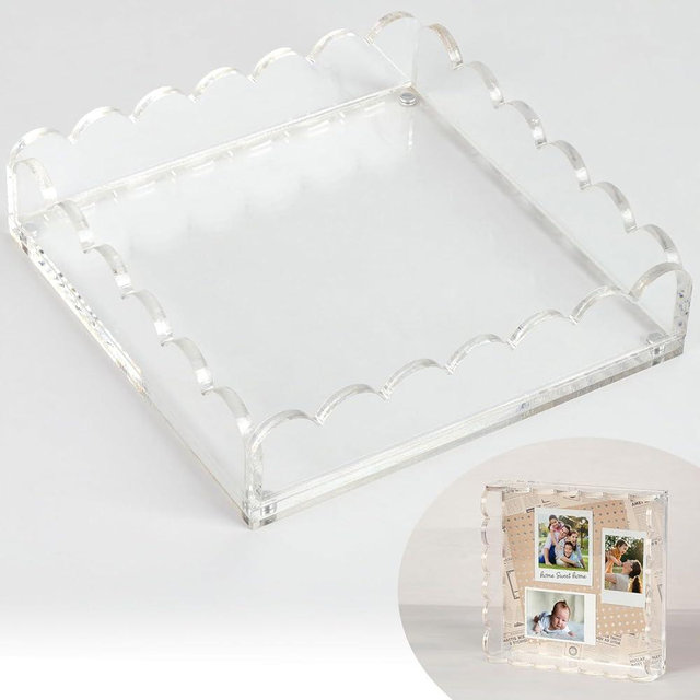 Scalloped Acrylic Tray with Magnetic Mat–Customizable for Photos, Artwork,Messages and Inspirational Quotes–10x10x2in Tray, Perfect for Home, Office Décor