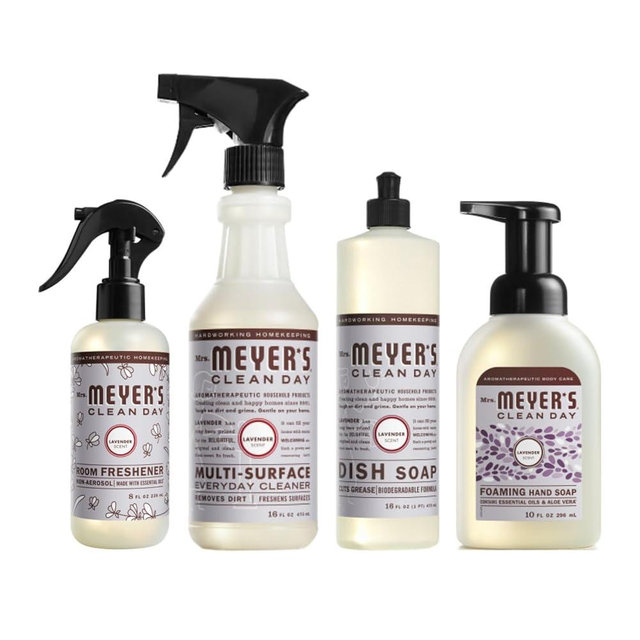 MRS. MEYER'S CLEAN DAY Kitchen Set, Room Freshener, Multi-Surface Cleaner, Dish Soap and Foaming Hand Soap, 4 CT (Lavender)