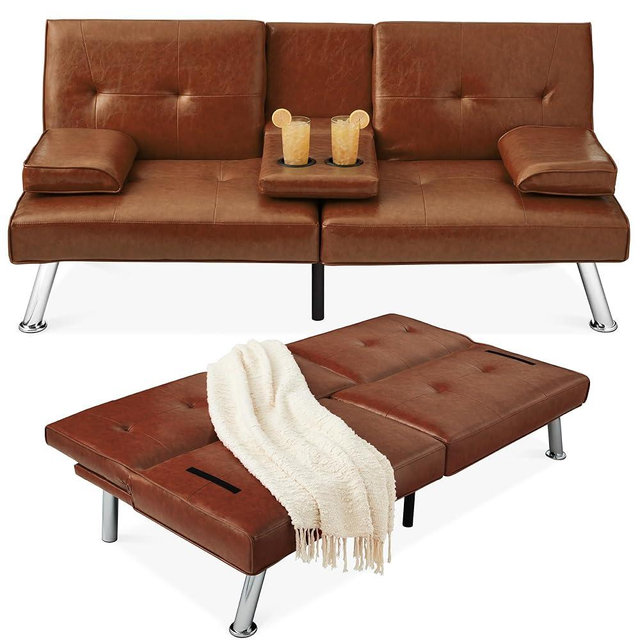 Best Choice Products Faux Leather Upholstered Modern Convertible Futon, Adjustable Folding Sofa Bed, Guest Bed w/Removable Armrests - Medium Brown