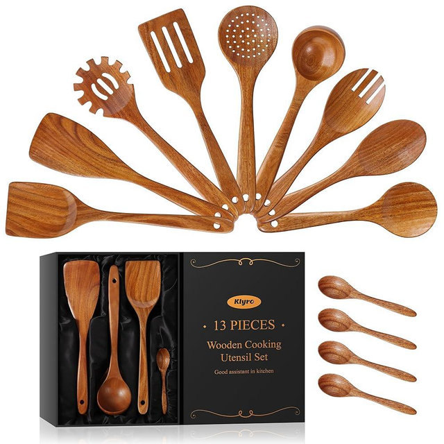KLYRO 13 Pcs Wooden Cooking Utensil Set with Gift Box – Natural Wooden Spoons for Cooking & Serving, Nonstick Friendly, Perfect Housewarming & Holiday Gift