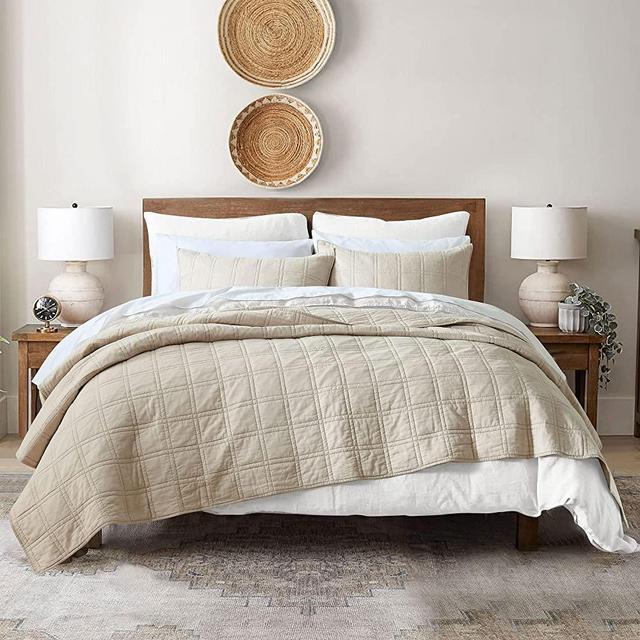 100% Cotton Quilt Queen Size Beige Bedspread, Pre-Washed 3-Piece Cozy Lightweight Stitching Decorative Bedding Cover Coverlet Set with 2 Shams in Geometric Pattern Rustic Style for All Season