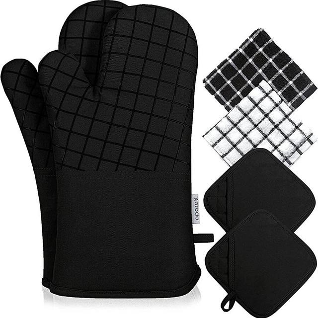 Koroda Oven Mitts and Pot Holders Sets: Heat Resistant Silicone Oven Mittens with Towels and Hot Pads Potholders Gloves for Kitchen Cooking and Baking (Set of 6, Black)