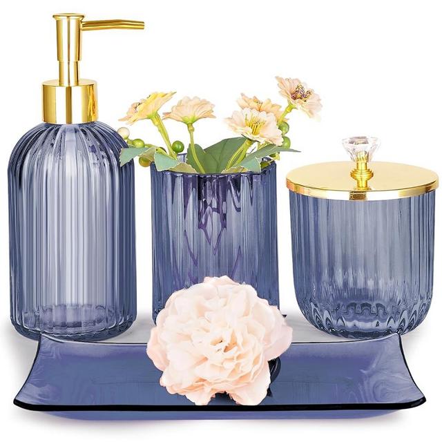 Bathroom Accessories Set, 4 Pcs Blue Glass Bathroom Accessories Sets Complete w/Lotion Soap Dispenser, Toothbrush Holder, Apothecary Jar, Vanity Tray, Bathroom Decor, Gift for Home Apartment