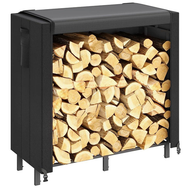 Lifewit 4 FT Firewood Rack with Waterproof Cover, Heavy Duty Wood Rack for Indoor and Outdoor, Fire wood Storage Rack with Side Pocket, Log Racks for Firewood, Wood Pile Stacker Firewood Holder, Black