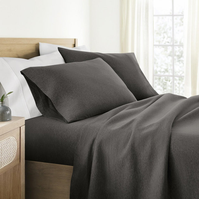 100% Cotton Jersey Sheets Set - Soft, Breathable, Deep Pockets, Easy Care - 4 Pieces - Becky Cameron, Gray, King