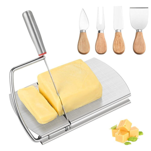 DGLOZE Cheese Slicer Cutter with 4 PCS Cheese Knife, Stainless Steel Cheese Cutter Board with Blade for Block Cheese, 4 PCS Cheese Knives Set with Wooden Handle