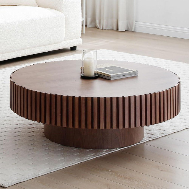 31.49" Walnut Round Coffee Table Wood, Modern Fluted Coffee Table for Living Room, Contemporary Low Circle Center Table Side Table for Small Space, Apartment, Farmhouse, Office, mesa de Cafe
