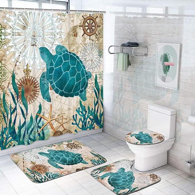 Sea Turtle Shower Curtain Sets with Non-Slip Rugs, Toilet Lid Cover and Bath Mat, Nautical Ocean Shower Curtains with 12 Hook s, Durable Waterproof Bath Curtain