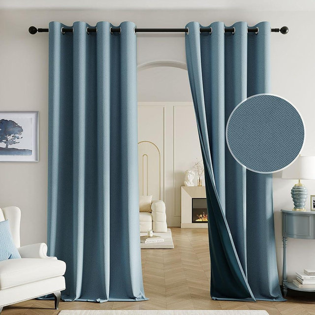 Beauoop 100% Blackout Curtains 84 Inch Long 2 Panels for Bedroom Living Room Blue Linen Textured Room Darkening Thermal Insulated Soundproof Grommet Top Window Treatment Drapes,52x84, 2 Set