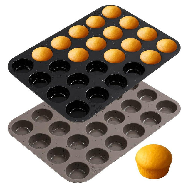 TOSHEX Silicone Muffin Pan 24 Cup Regular Silicone Cupcake Pan [2 Pack] Non-stick Baking Molds Great for Making Muffin Cakes, Bread, Tart, Brownies (Black & Grey, 2 Pack 24 Cup Mini)