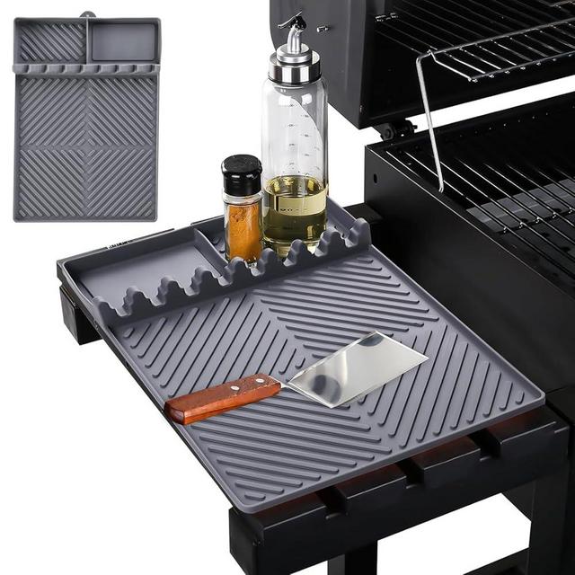 Silicone Griddle Tools Mat for Blackstone - 3 in 1 Grill Side Shelf Mat, Large Silicone Spatula Mat with Drip Pad, Grill BBQ Caddy Utensils Holder for Kitchen, Griddle Accessories for Blackstone
