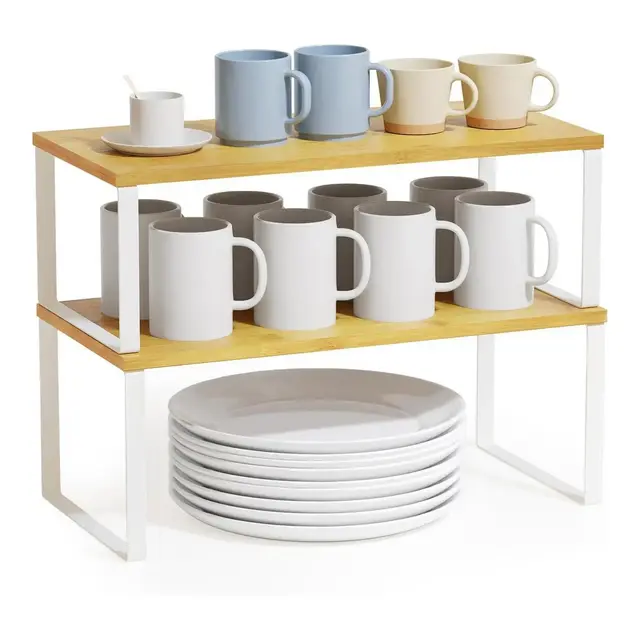 2-Pack Kitchen Cabinet Shelf Racks, Expandable Spice Rack for Pantry & Cupboard Storage, White & Natural -SpaceAid
