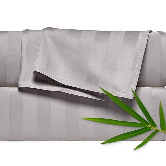 Pure Bamboo Sheets Queen Size Bed Sheets 4 Piece Set, 100% Organic Bamboo, Luxuriously Soft & Cooling, Double Stitching, 16" Deep Pockets, 1 Fitted, 1 Flat, 2 Pillowcases (Queen, Jacquard Silver)