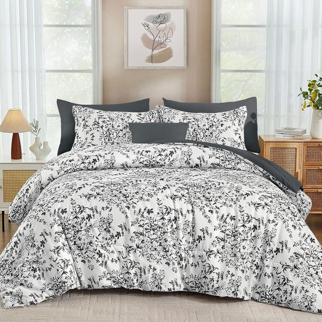 WONGS BEDDING Comforter Set King, 8 Pieces Black Gray Floral Botanical Plants Print Comforter, Soft Fluffy Microfiber Complete Bed in a Bag Bedding Sets for All Season (90"x104")