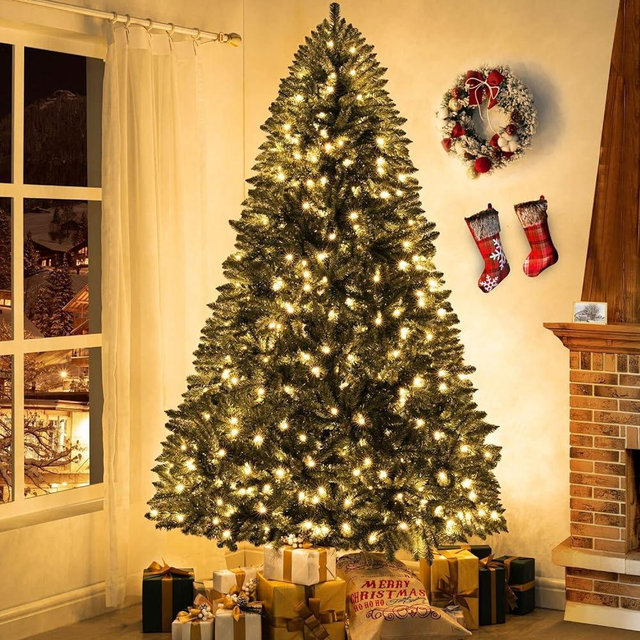 Prague 7.5ft Prelit Artificial Christmas Tree, 1717 Branch Tips, 550 Warm Lights and Metal Stand, 56" Wide Realistic Spruce Christmas Tree with Lights by Naomi Home