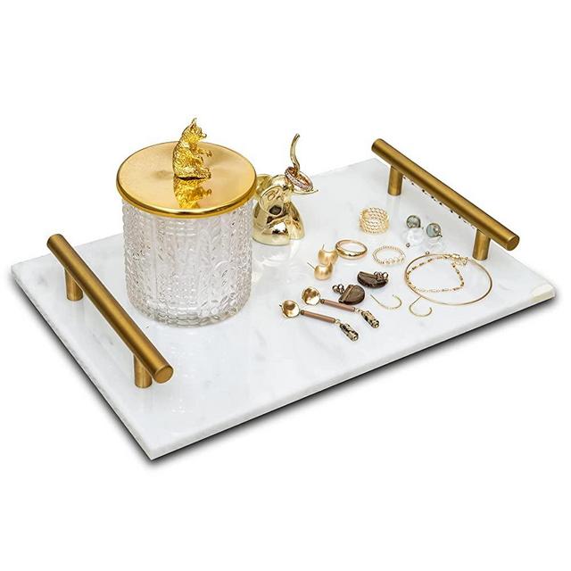 Star Dust x White Mist Marble Tray, Decorative Vanity Tray for Jewelry, Perfumes and Accessories, Display and Decor for Bathroom & Living Room; Pastry, Tapas & Dessert Serving Trays with Gold Handles