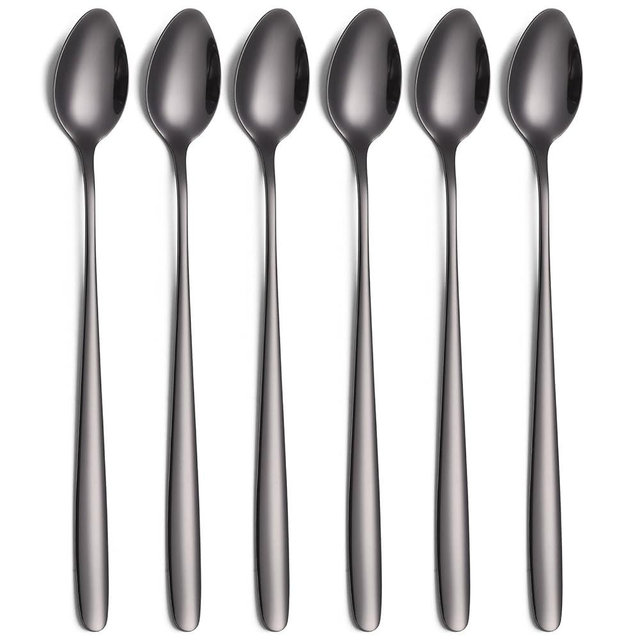 Tiokin Black Long Handle Iced Tea Spoons, 7.8-Inch Coffee & Ice Cream Spoons, Stainless Steel Set of 6