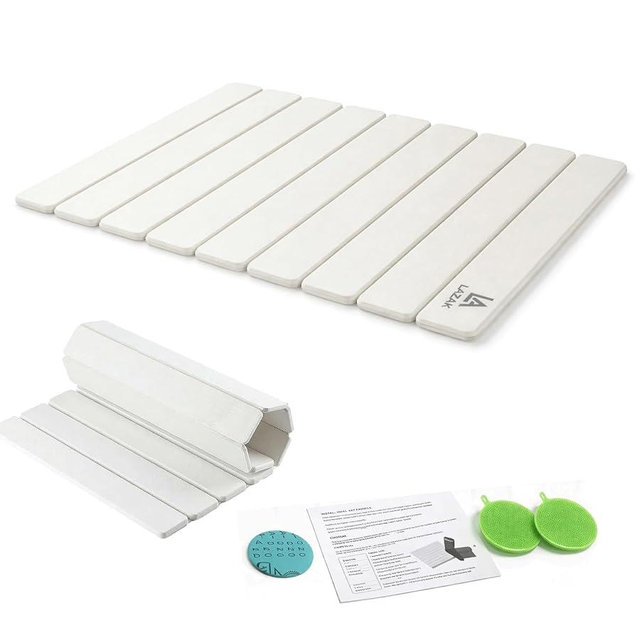 Foldable Diatomite Stone Drying Mat for Kitchen Counter, Fast Drying Dish Drying Mat, Stone Dish Drying Mat, Dish Mat Drying Kitchen Mat, Kitchen Drying Mat with 3 Silicone Dishwashing Brushes