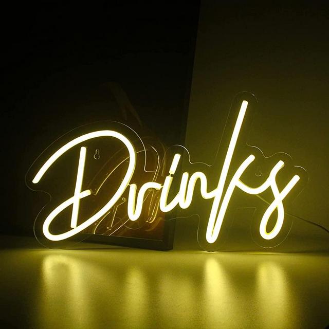 Warm White Neon Light Drinks Letters Led Neon Signs USB Powered Light Up Wall Decor for Teen Boys Room Bedroom Restaurant Bar Hotel