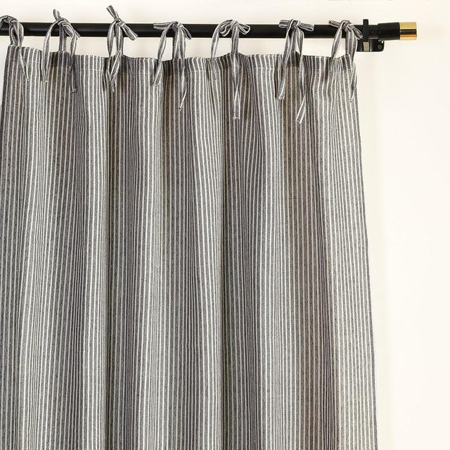 THE ART BOX Gauze Striped Curtains, Boho Linen Gauze Tie Top Hanging Curtains 2 Panel Set, Light Filtering Door Window for Bedroom/Living Room Home Décor Black on Beige (L63”xW42” Each Panel)
