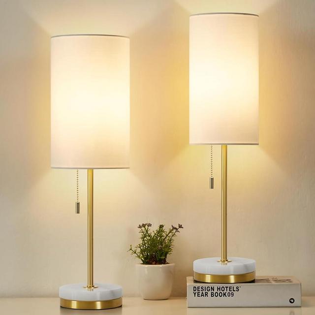 Luvkczc Minimalist Table Lamp Set of 2, Nightstand Lamp for Bedroom Living Room, Modern Pull Chain Bedside Lamp with Marble Base, Fabric Shade, Small Desk Lamp for Home, Office, Reading