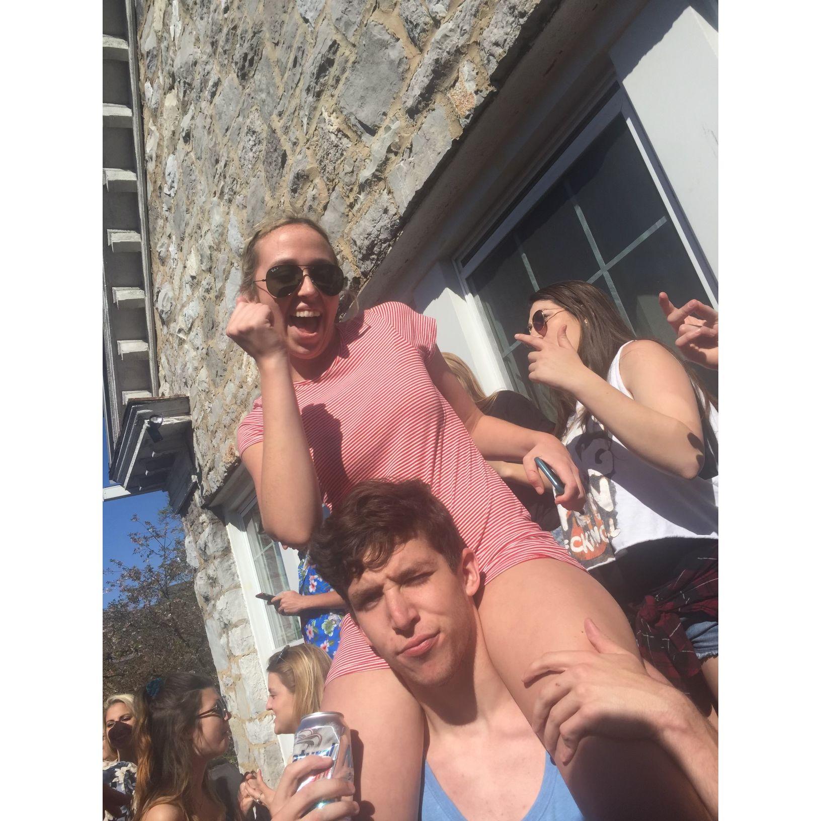 Thomas and Caroline met at a Penn State Christmas frat party in 2015. Months later they took their first picture together at an AGR day long!