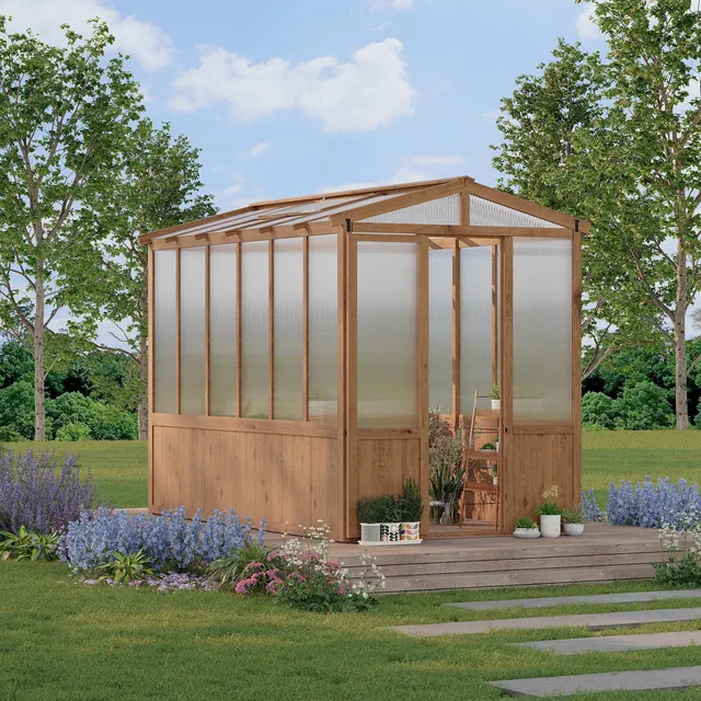 6x10FT Wooden Greenhouse with Cedar Frame, Outdoor Wood Greenhouses with Roof Vent, Wood and Polycarbonate Walk-in Greenhouse