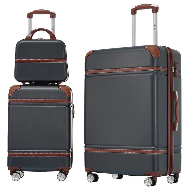 Merax Luggage Set 2 Piece Suitcase Set with Cosmetic Case Expandable Spinner Wheels Vintage Luggage Sets(Black,20"+28")