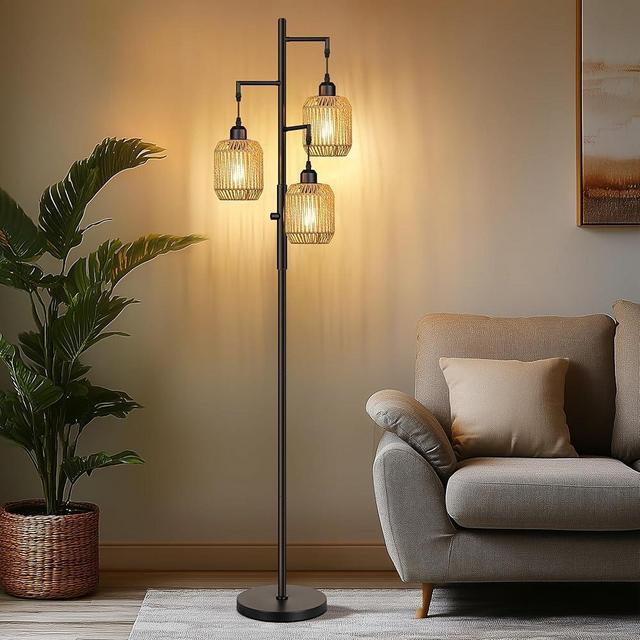 ROTTOGOON Dimmable Boho Floor Lamp - 3 Light Farmhouse Rattan Floor Lamp for Living Room, Industrial Tree Floor Lamps with 3 X 6W LED Bulbs, Rustic Standing Tall Lamp for Bedroom, Office, 68", Black