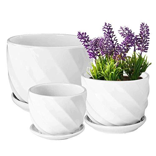Yinger-WG Set of 3 Ceramic Plant Pot - Flower Plant Pots Indoor with Saucers,Small to Medium Sized Round Modern Ceramic Garden Flower Pots (White)