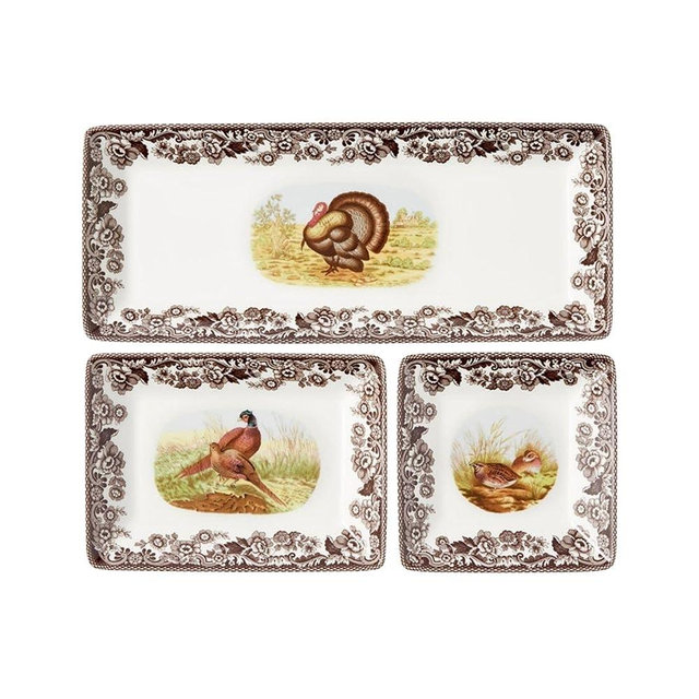 Spode Woodland 3-Piece Dessert Trays, Porcelain Thanksgiving Serveware - Holiday Dinnerware & Decorative Tray, Autumn Serving for All Parties & Occasions - for Snacks, Appetizers, Cookies