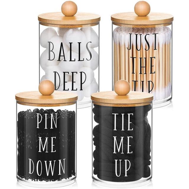 4 Pack Qtip Holder Apothecary Jars with Lids,10 oz Clear Bathroom Organizer Storage for Cotton Ball, Cotton Swab, Cotton Round Pads and Floss, Cotton Ball Holder Bathroom Decor Bathroom Containers