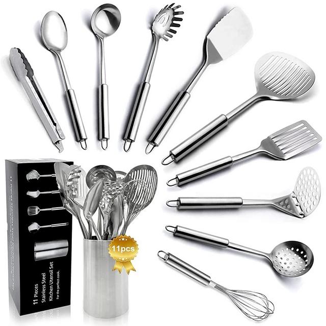 Kitchen Utensils Set 11pcs - Stainless Steel Cooking Utensils Set, Utensil Set with Holder for Cooking, Heat Resistant Kitchen Utensils Sets with Potato Masher, Skimmer, Spoons, Turners, Tongs, Whisk