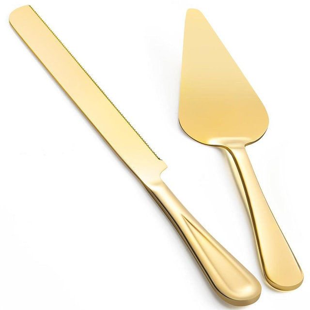 FTAKRY 13-Inch Premium Cake Cutting Set for wedding，Exquisite Cake Knife and Server Set with Serrated Design, Ideal for Pastries, Pies, and Desserts (Gold)