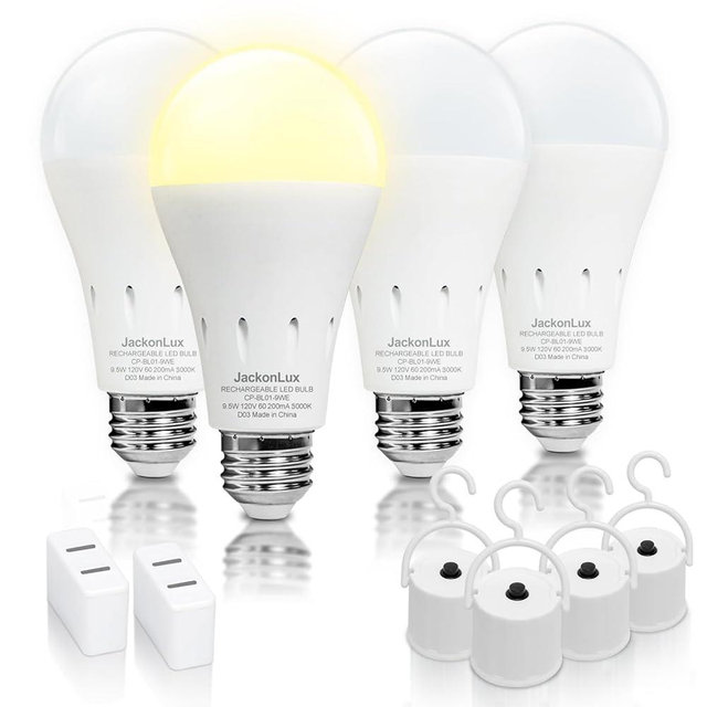 JackonLux Rechargeable Emergency LED Bulb Multi-Function Battery Backup Emergency Light for Power Outage Camping Outdoor Activity Hurricane (4, Warm White-3000K-4PK)
