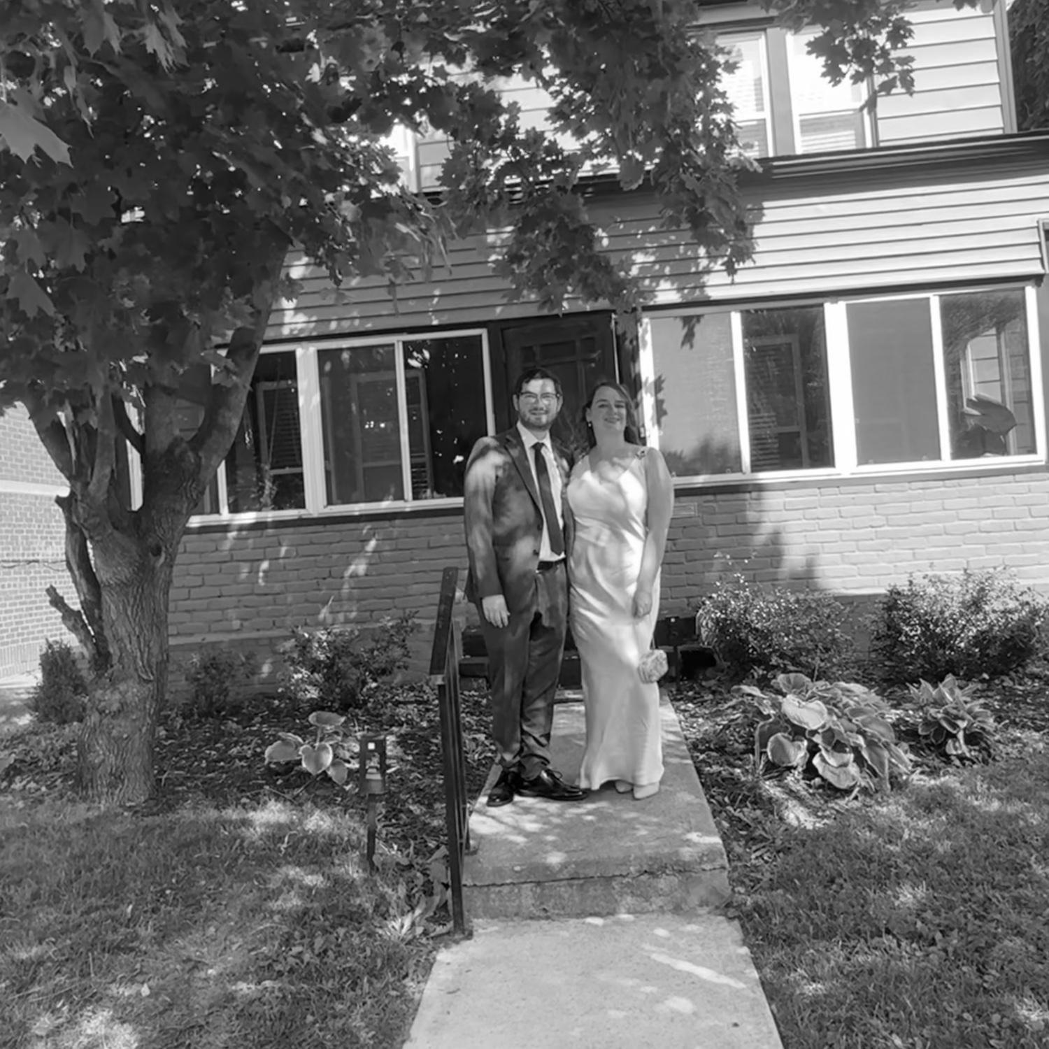 On our way to Hayley and Dan's wedding posing in front of our new home for the first time.
