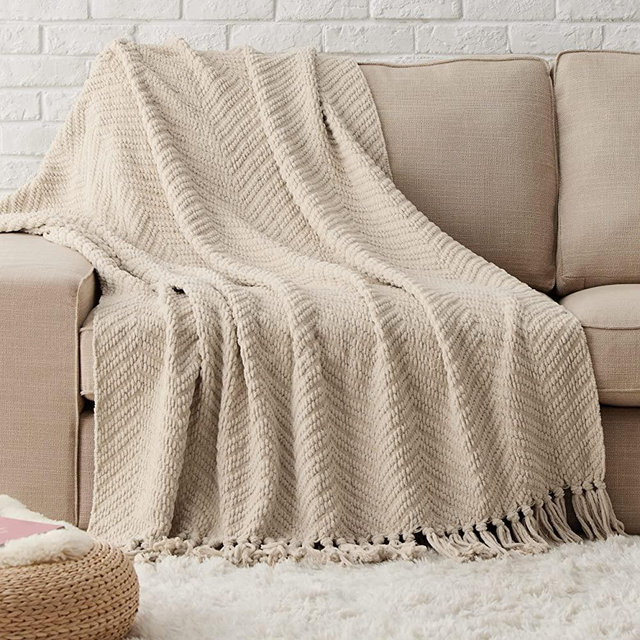 BEDSURE Throw Blanket for Couch –Taupe Versatile KnitWoven Chenille Blanket for Chair – Super Soft, Warm & Decorative Blanket with Tassels for Bed, Sofa and Living Room (Taupe, 50 x 60 inches)
