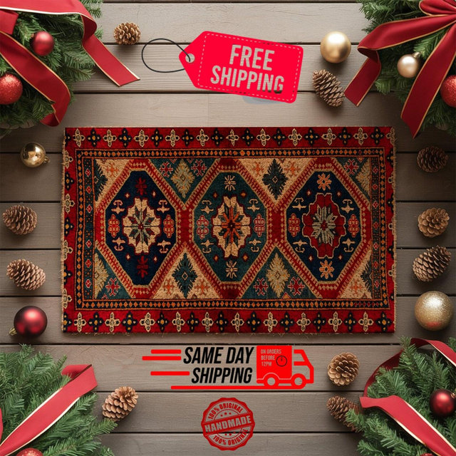 Vintage Oriental Doormat, Red Navy Pattern Welcome Mat, Traditional Turkish Rug Style Entry Mat, Boho Porch Decor, Decorative Door Mat