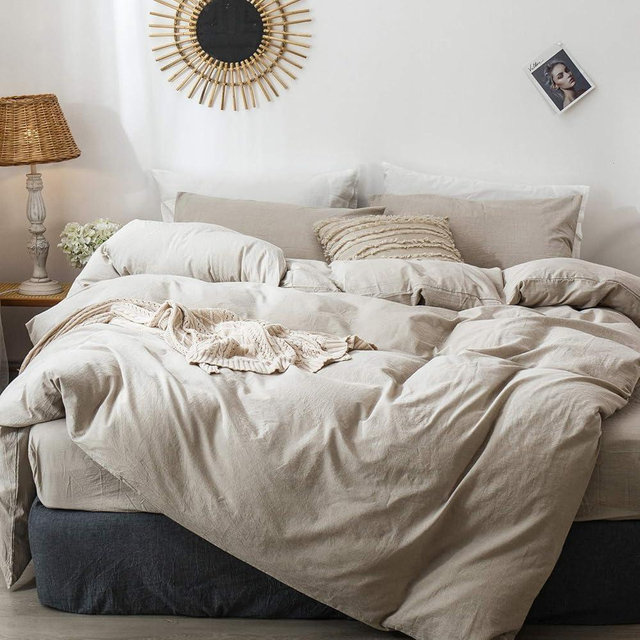 MooMee Bedding Duvet Cover Set 100% Washed Cotton Linen Like Textured Breathable Durable Soft Comfy (Tannish Linen Grey, Super Queen)