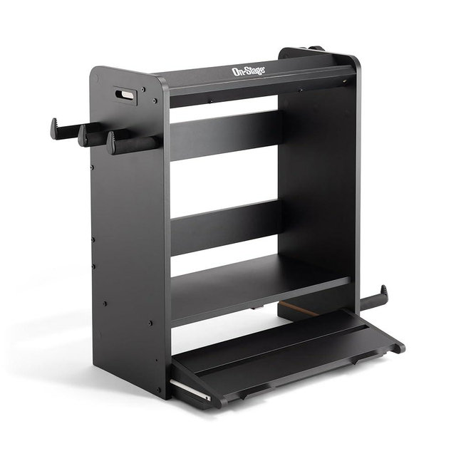 On-Stage GWS5000B Guitar Workstation (Amp Stand, Electric Guitar or Bass Stand, Cable and Strap Hanger, Pedalboard, Accessory Tray for Picks, Capos, and Tuners, Gear Shelving, Organizer, Black)