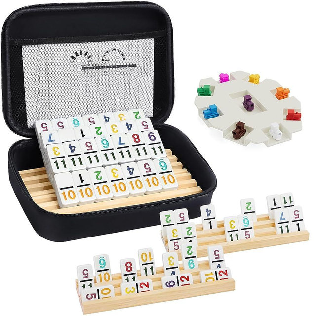 Mexican Train Dominoes Set with Numbers and 4 Wooden Trays/Racks, Double 12 Dominos Travel Set with 4 Tiles Holders, 91 Tiles Double12 Colored Dominoes Game Set with Portable Case for Families Kids