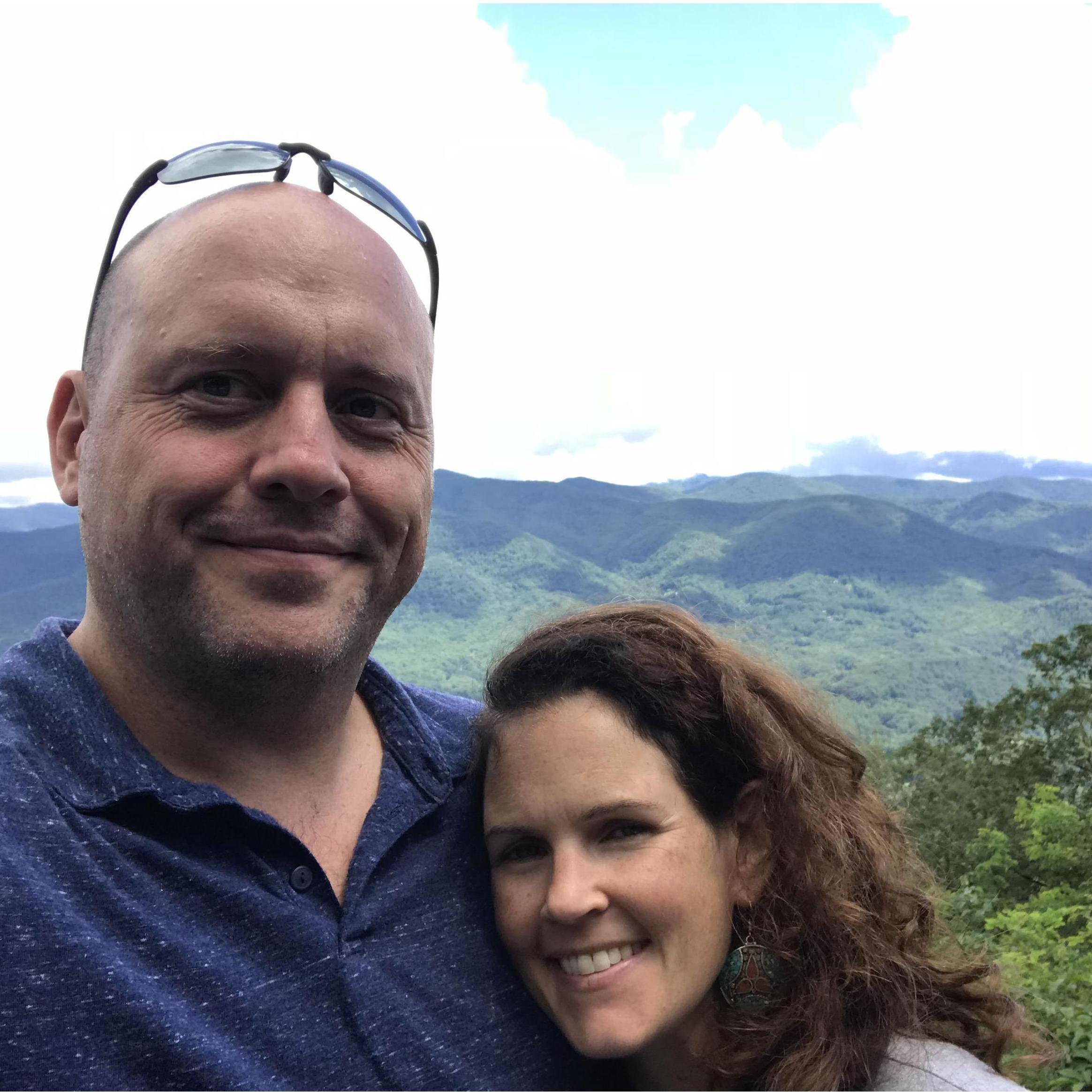 Hiking through the blue ridge mountains near Asheville, NC. This was right after a torrential downpour, which engulfed us during our hike. You can't see it here, but we are both soaked.
