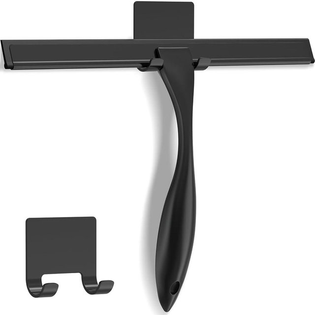 All-Purpose Stainless Steel Shower Squeegee for Shower Glass Door with Adhesive Hook, Bathroom Cleaner Tool Household Window Mirror Squeegee for Glass Doors, Cleaning Tile Wall, Car, 14 inch, Black