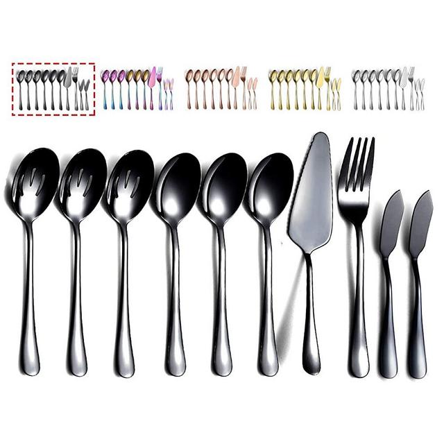 Black Serving Spoons 10 Pieces, Kyraton Serving Utensils, Serving Set Include 3 Serving Spoon, 3 Slotted Spoon, 1 Serving Fork, 1 Cake Server, 2 Butter Knife Spreaders
