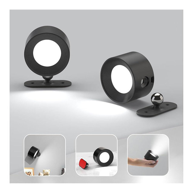 Koopala 2PCS Rechargeable Battery Operated LED Wall Lamps, Wall Mounted Lights with 3 Brightness 3 Color Temp Removable Charging 360°Rotate Magnetic, Cordless Wall Sconces for Reading Bedside-Black