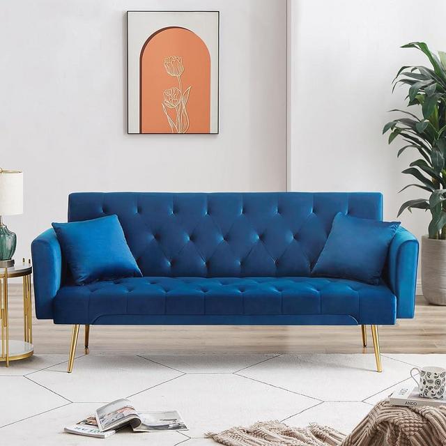 72"Modern Velvet Sofa Bed Futon,Convertible Folding Sleeper Bed Couches with 3 Adjustable Backrests,Tufted Recliner Loveseat with Golden Chrome Legs for Small Living Room Office (Navy+pillows)