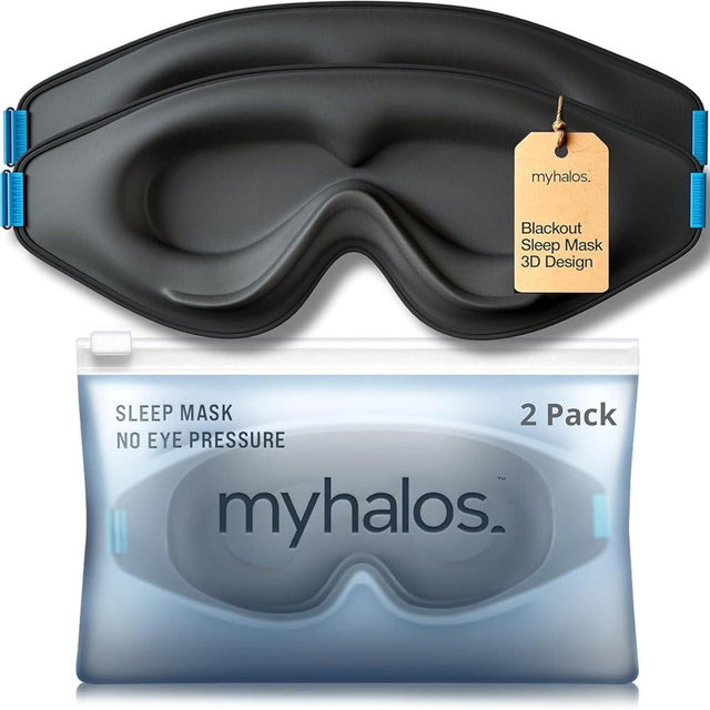 MyHalos® Sleep Mask – 3D Blackout Eye Mask for Women & Men, Side Sleepers, Zero Pressure Memory Foam Eyelash Friendly, Breathable,Award-Winning Sleep Aid for Travel (Black, 1 Count (Pack of 2))