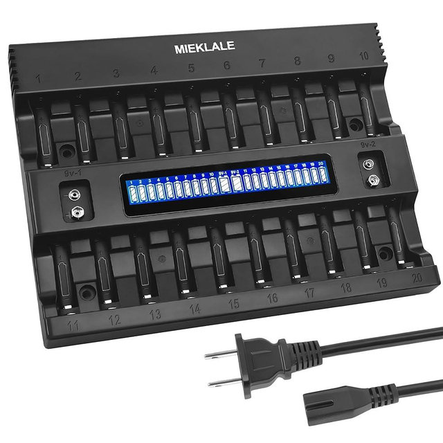 MIEKLALE 20+2 Bay AA AAA Battery Charger with Smart LCD Display Fast Charging for AA AAA NiMH NiCd & 9V Rechargeable Batteries, 2 Separate Charging Slot for 9V Batteries