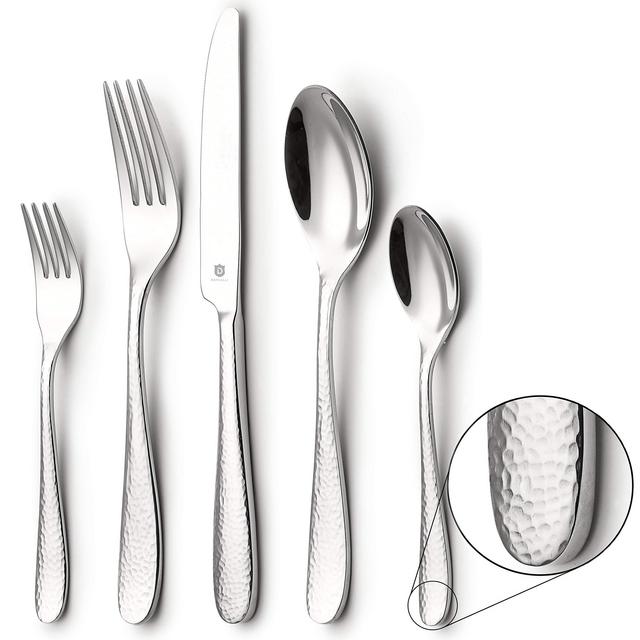 DANIALLI 20-Piece Flatware Set, Modern Hammered Design Silverware Set, 18 10 Stainless Steel