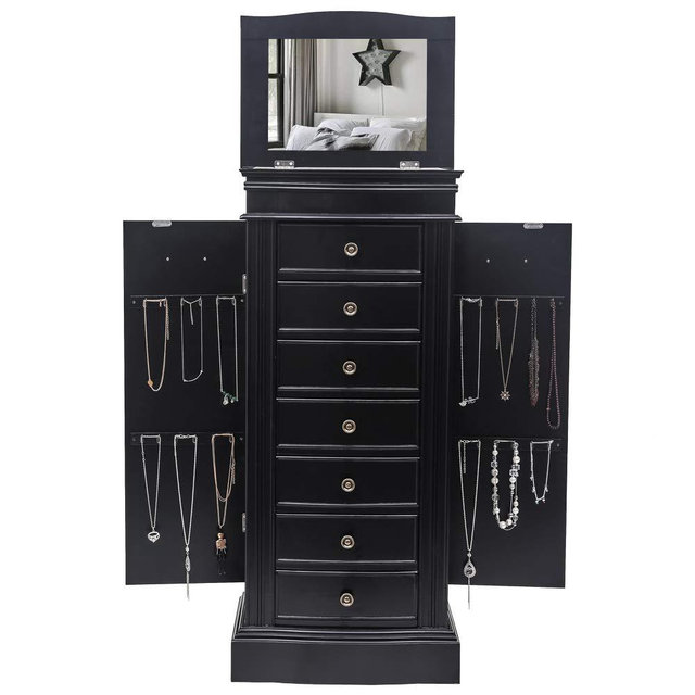 Imseigo Standing Jewelry Armoire with Mirror, Large Wood Jewelry Cabinet Storage Organizer with 7 Drawers, 2 Swing Doors, 24 Necklace Hooks, Jewelry Storage Chest Stand Organizer (7 Drawers, Black)